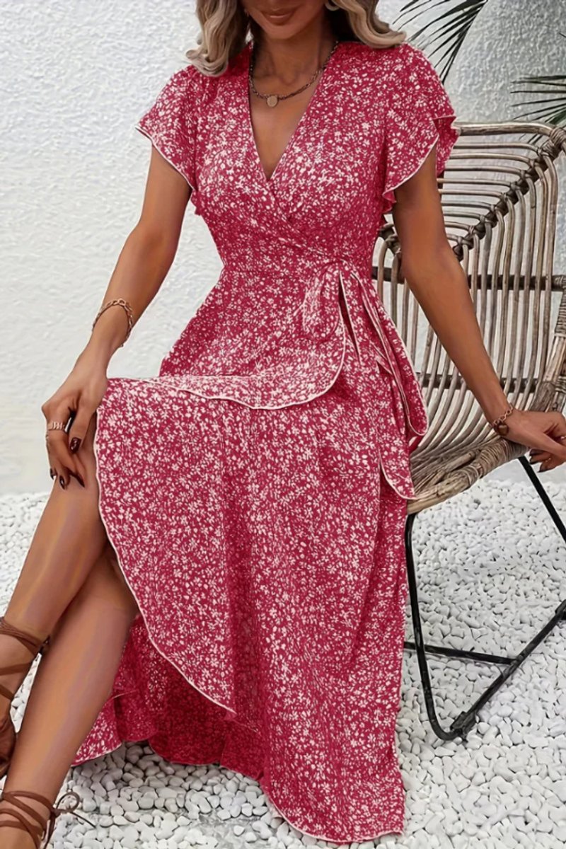Women's Floral Wrap Midi Evening Gown V-Neck Short-Sleeve Dress - Pink 2