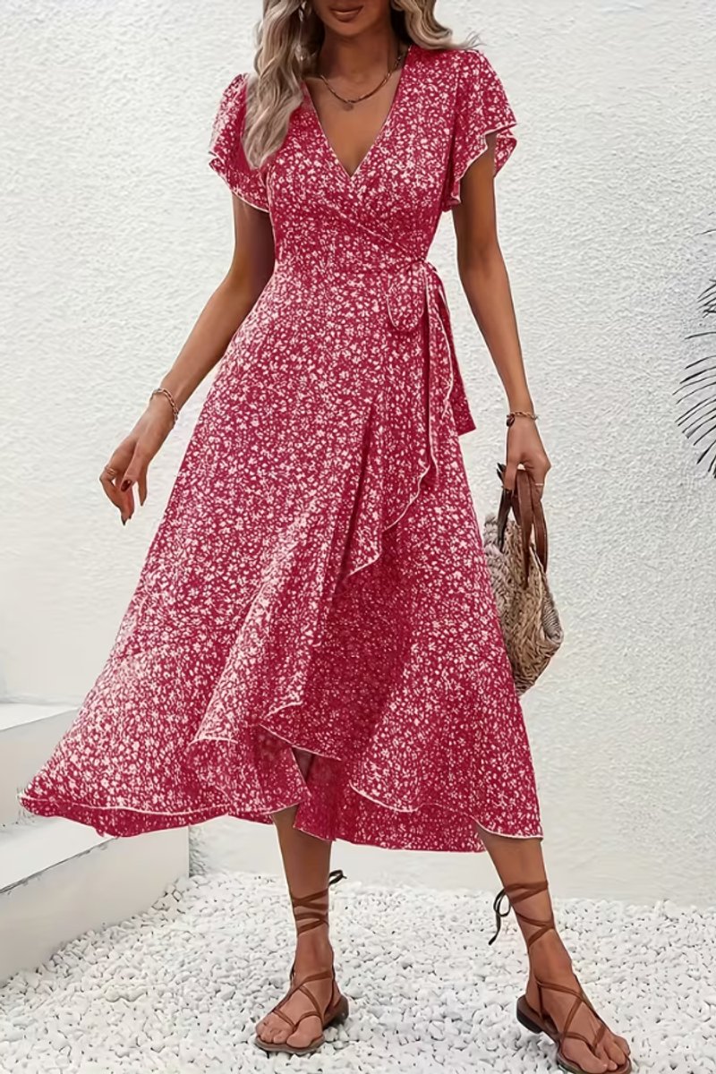 Women's Floral Wrap Midi Evening Gown V-Neck Short-Sleeve Dress