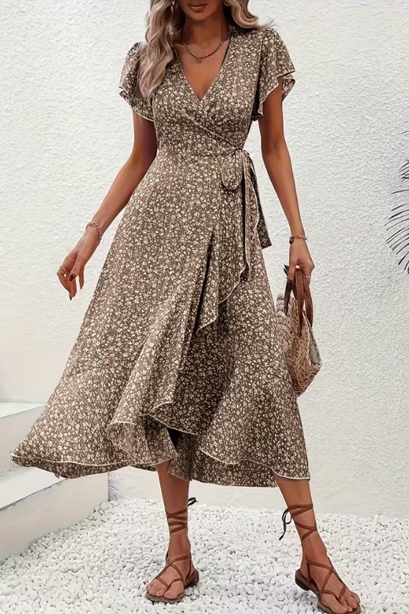 Women's Floral Wrap Midi Evening Gown V-Neck Short-Sleeve Dress