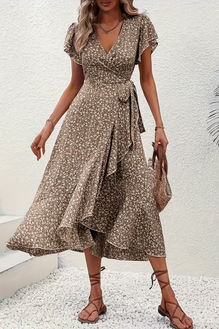 Women's Floral Wrap Midi Evening Gown V-Neck Short-Sleeve Dress