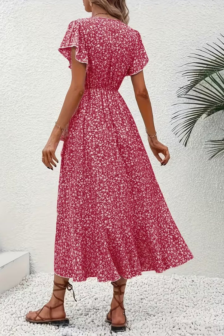 Women's Floral Wrap Midi Evening Gown V-Neck Short-Sleeve Dress