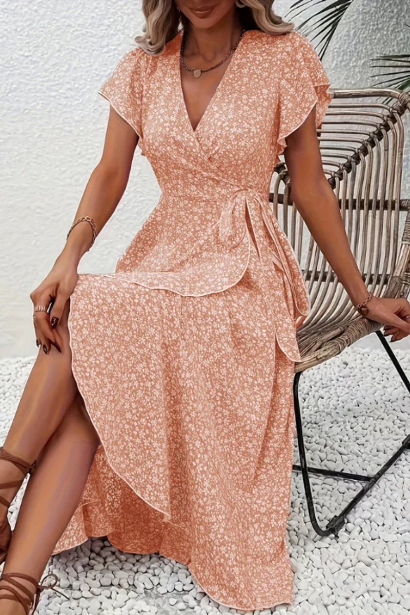 Women's Floral Wrap Midi Evening Gown V-Neck Short-Sleeve Dress - Orange Pink