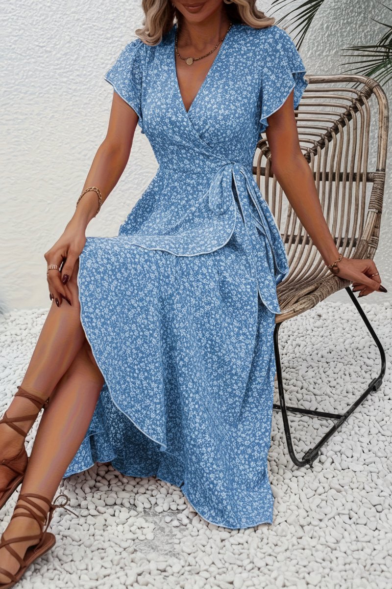 Women's Floral Wrap Midi Evening Gown V-Neck Short-Sleeve Dress - Peacock Blue
