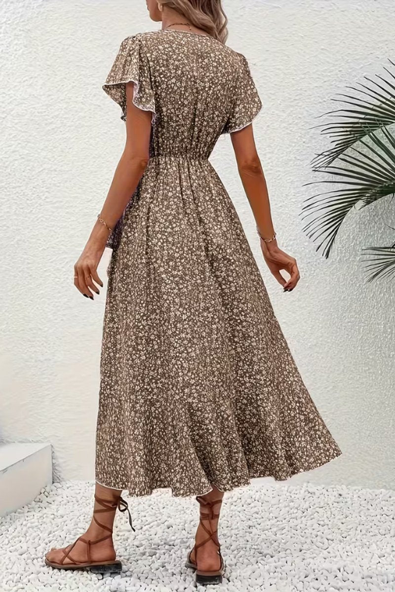 Women's Floral Wrap Midi Evening Gown V-Neck Short-Sleeve Dress