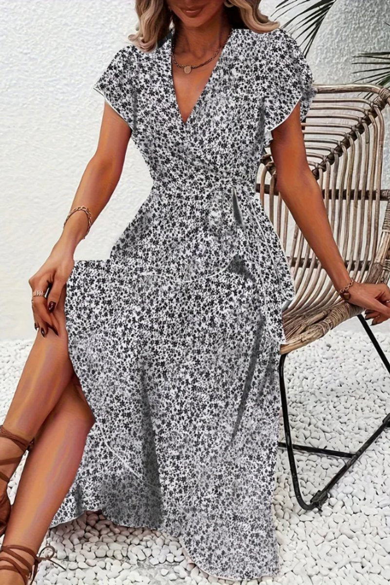 Women's Floral Wrap Midi Evening Gown V-Neck Short-Sleeve Dress - Black And White
