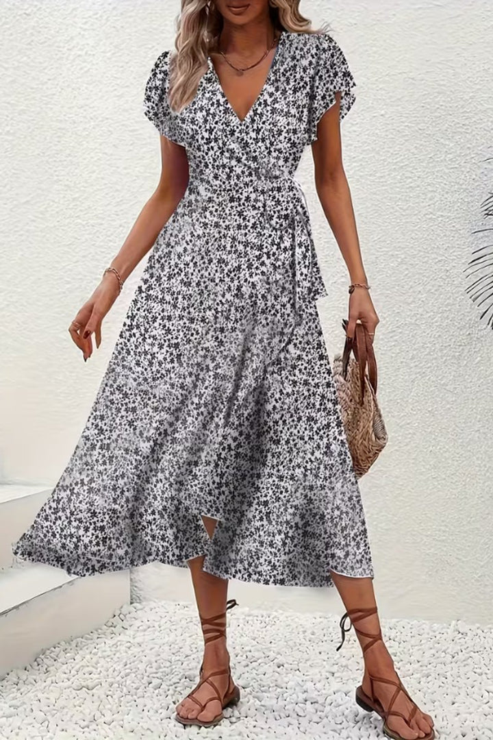 Women's Floral Wrap Midi Evening Gown V-Neck Short-Sleeve Dress