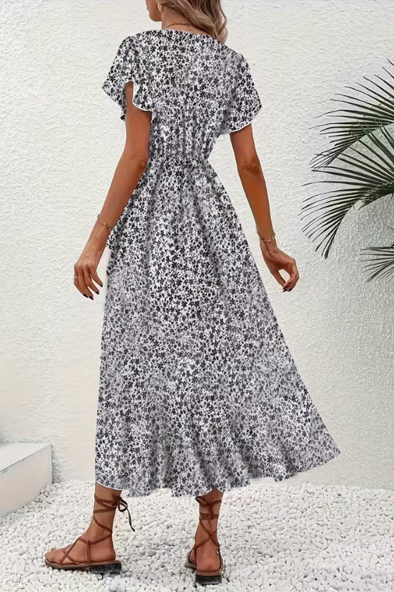 Women's Floral Wrap Midi Evening Gown V-Neck Short-Sleeve Dress
