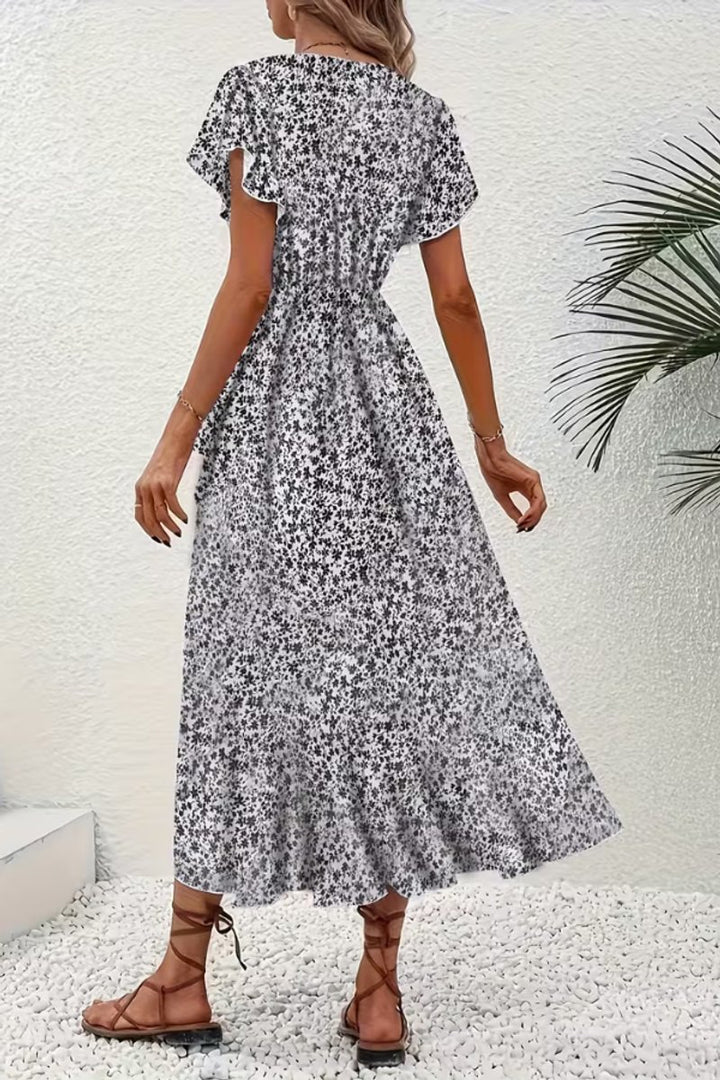 Women's Floral Wrap Midi Evening Gown V-Neck Short-Sleeve Dress