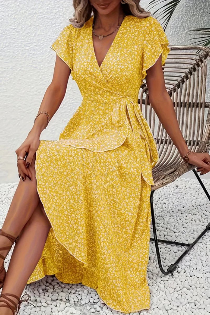 Women's Floral Wrap Midi Evening Gown V-Neck Short-Sleeve Dress - Yellow