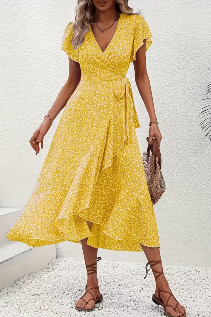 Women's Floral Wrap Midi Evening Gown V-Neck Short-Sleeve Dress