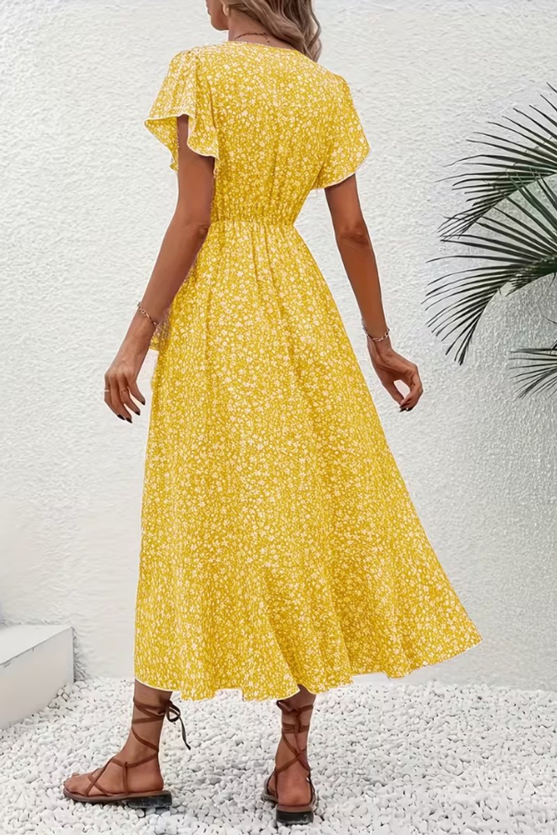 Women's Floral Wrap Midi Evening Gown V-Neck Short-Sleeve Dress
