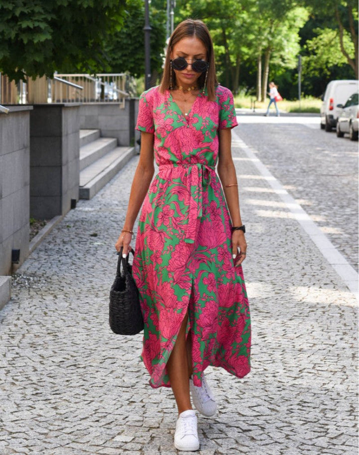 Women's Floral Wrap V-Neck Tie-Waist Short Sleeve Midi Dress - Dark Pink