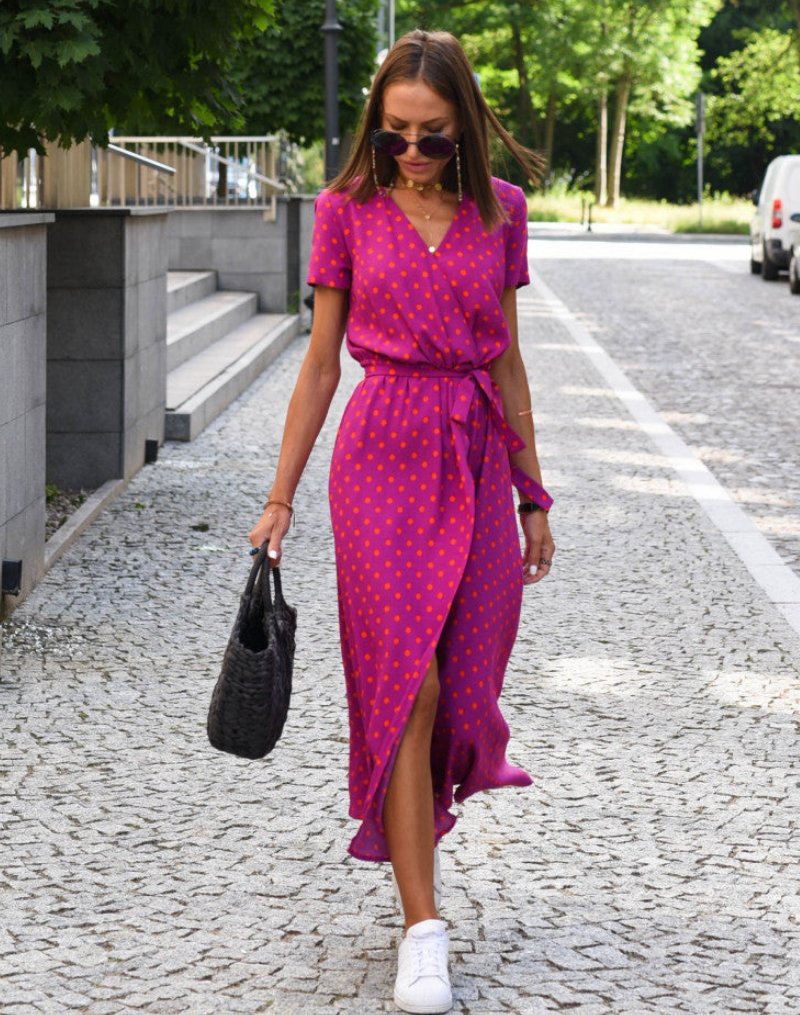 Women's Floral Wrap V-Neck Tie-Waist Short Sleeve Midi Dress - Fuschia