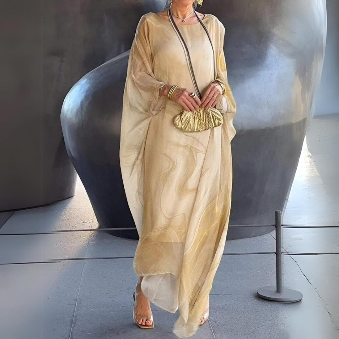 Women's Flowy Batwing Long Sleeve Maxi Dress Round Neck - Yellow