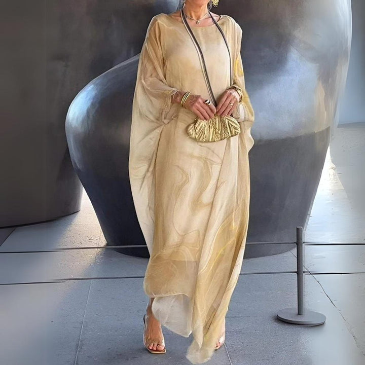 Women's Flowy Batwing Long Sleeve Maxi Dress Round Neck - Yellow