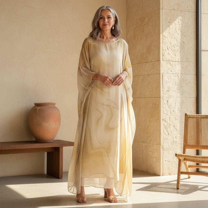 Women's Flowy Batwing Long Sleeve Maxi Dress Round Neck