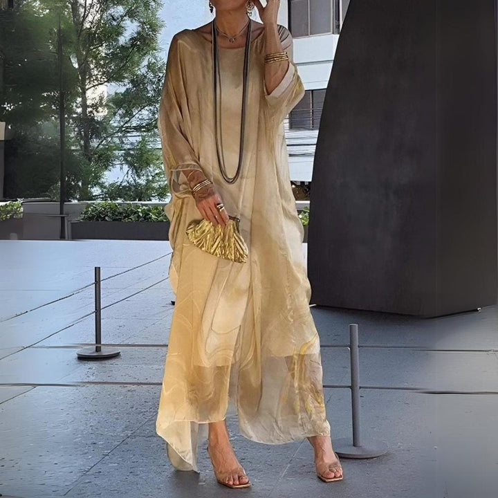 Women's Flowy Batwing Long Sleeve Maxi Dress Round Neck