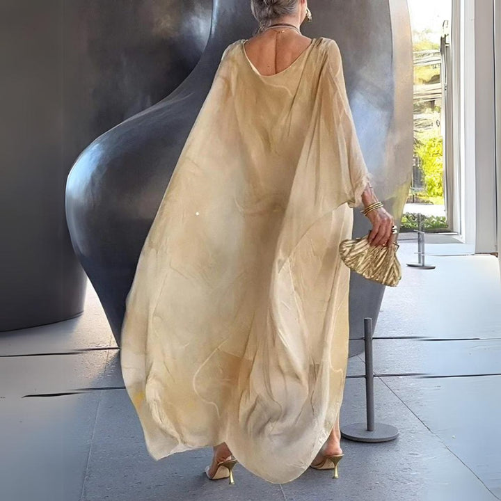 Women's Flowy Batwing Long Sleeve Maxi Dress Round Neck