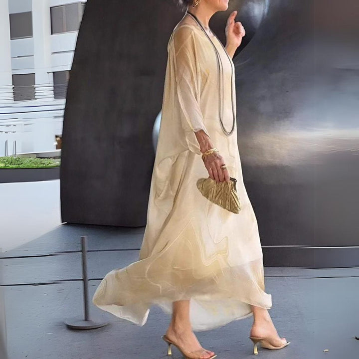 Women's Flowy Batwing Long Sleeve Maxi Dress Round Neck