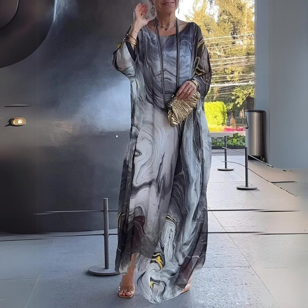 Women's Flowy Batwing Long Sleeve Maxi Dress Round Neck - Gray