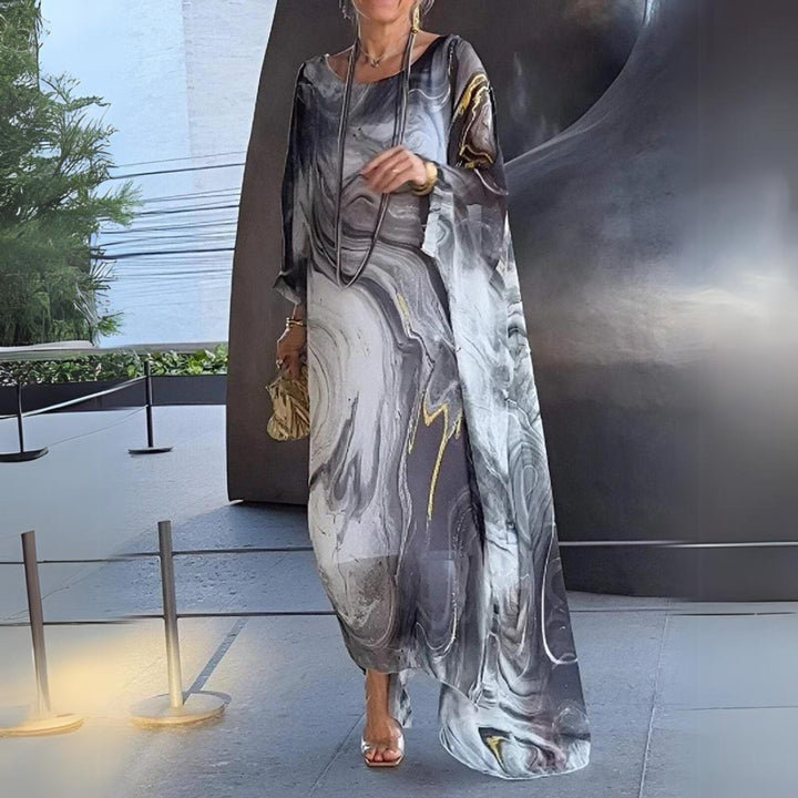 Women's Flowy Batwing Long Sleeve Maxi Dress Round Neck