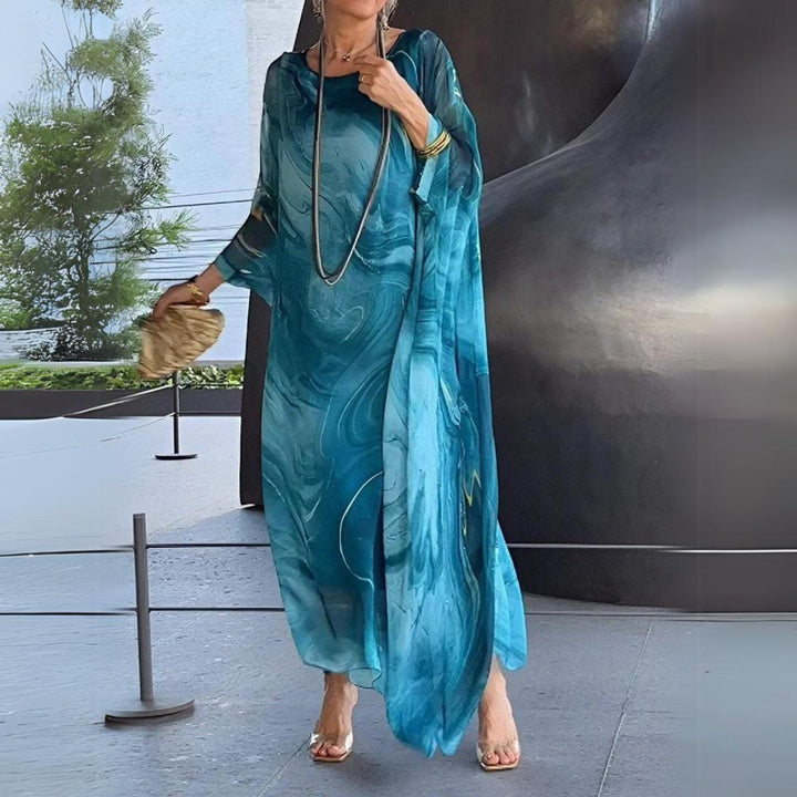 Women's Flowy Batwing Long Sleeve Maxi Dress Round Neck - Blue