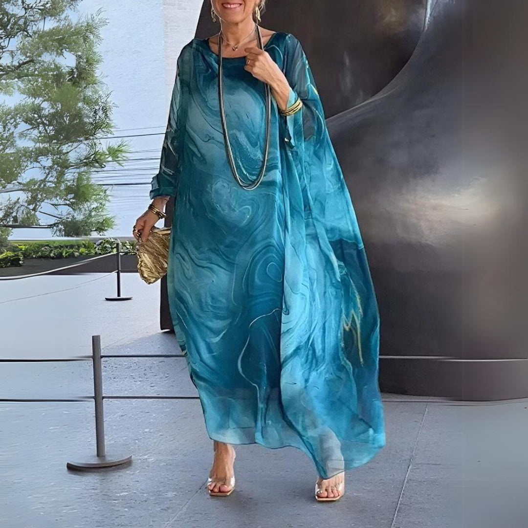 Women's Flowy Batwing Long Sleeve Maxi Dress Round Neck