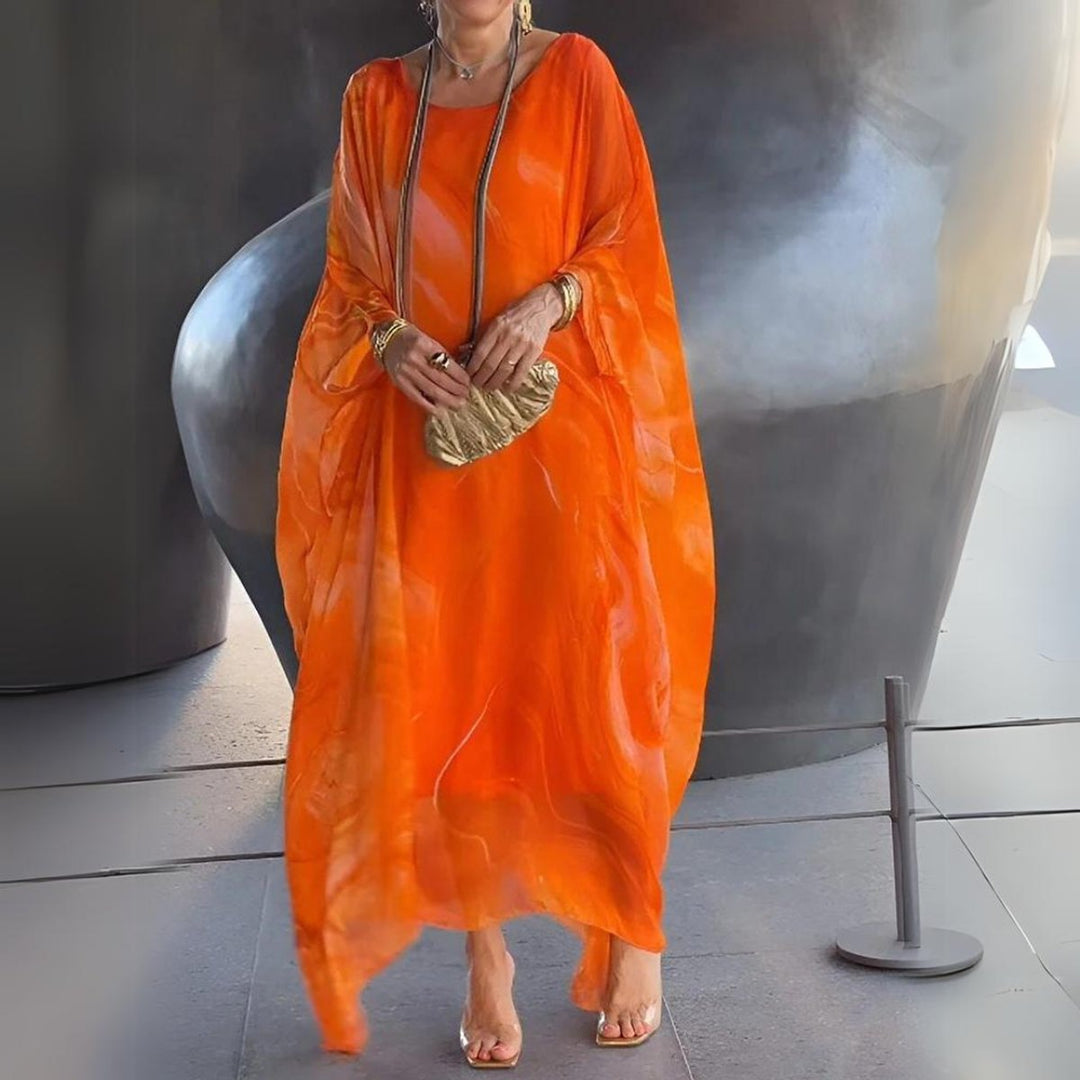 Women's Flowy Batwing Long Sleeve Maxi Dress Round Neck - Orange