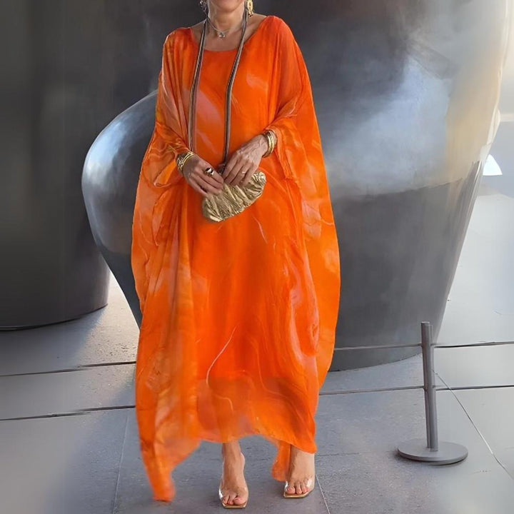 Women's Flowy Batwing Long Sleeve Maxi Dress Round Neck - Orange