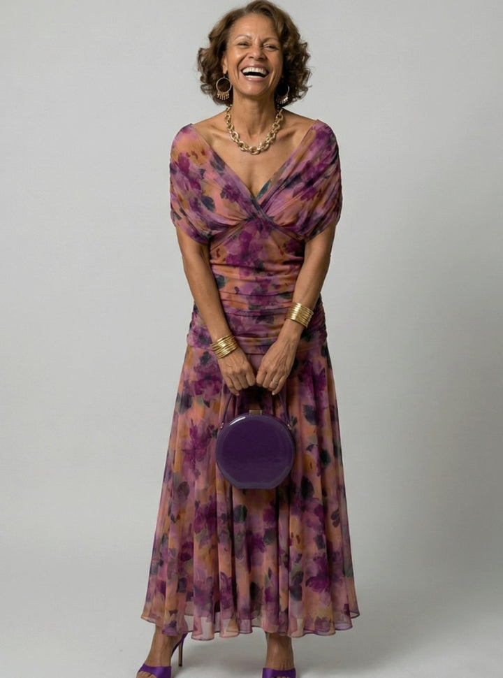 Women's Flowy Midi Dress Off-Shoulder Draped V-Neck Floral Chiffon - Purple