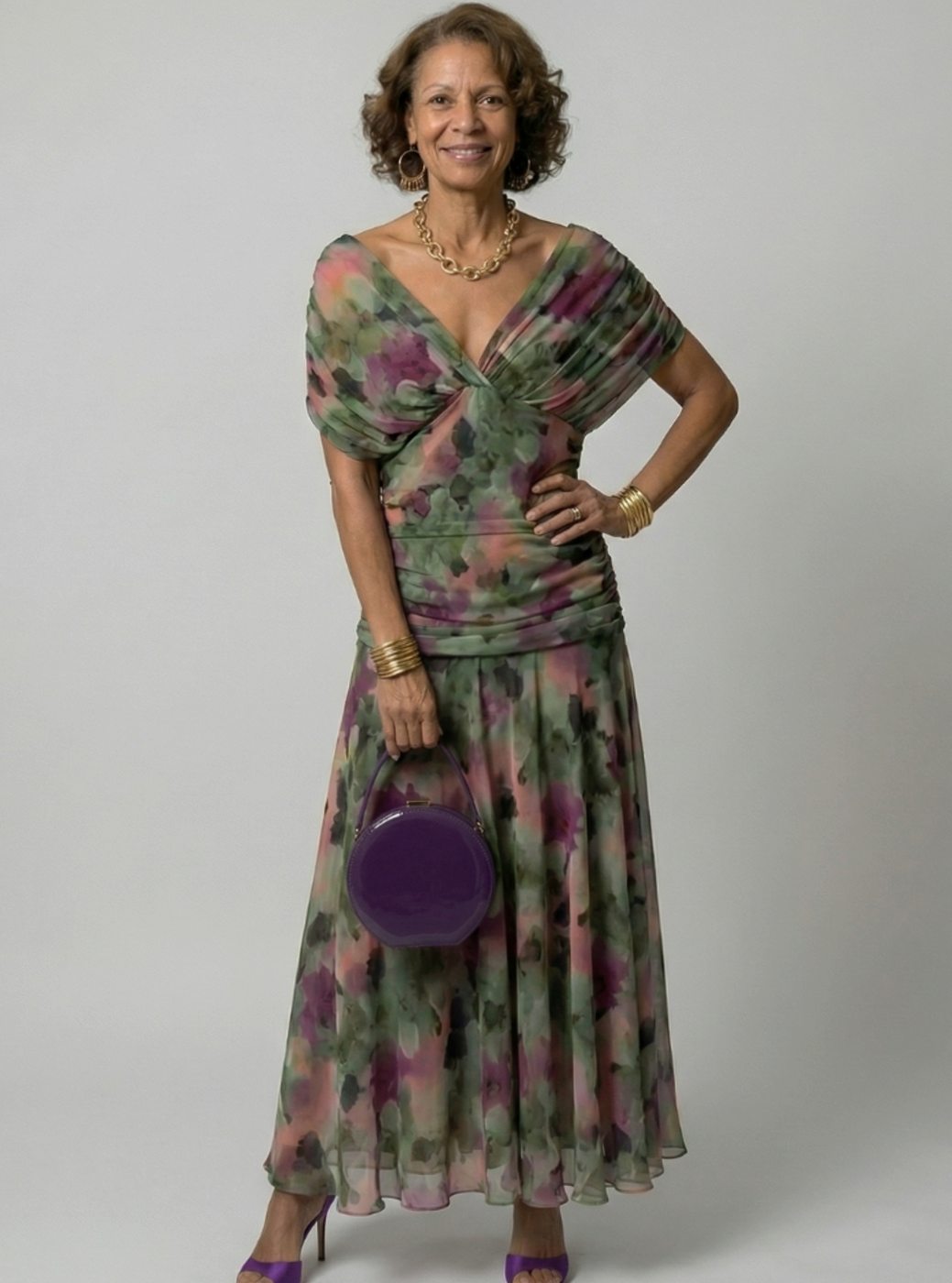 Women's Flowy Midi Dress Off-Shoulder Draped V-Neck Floral Chiffon - Multicolor