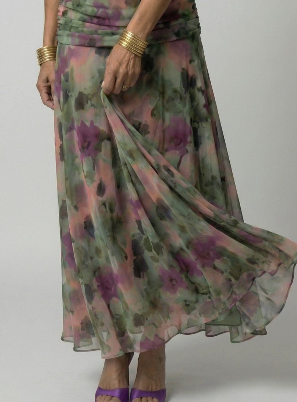 Women's Flowy Midi Dress Off-Shoulder Draped V-Neck Floral Chiffon