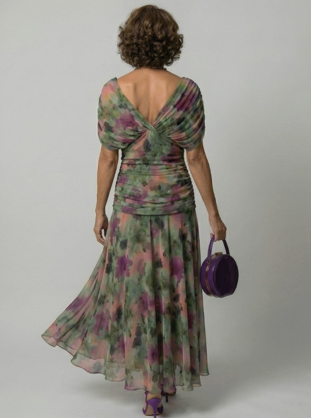 Women's Flowy Midi Dress Off-Shoulder Draped V-Neck Floral Chiffon
