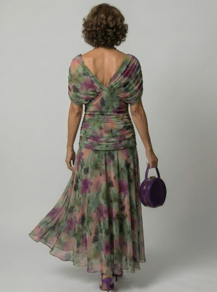 Women's Flowy Midi Dress Off-Shoulder Draped V-Neck Floral Chiffon