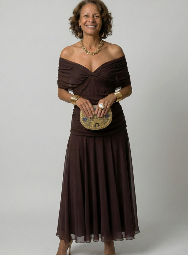 Women's Flowy Midi Dress Off-Shoulder Draped V-Neck Floral Chiffon - Brown