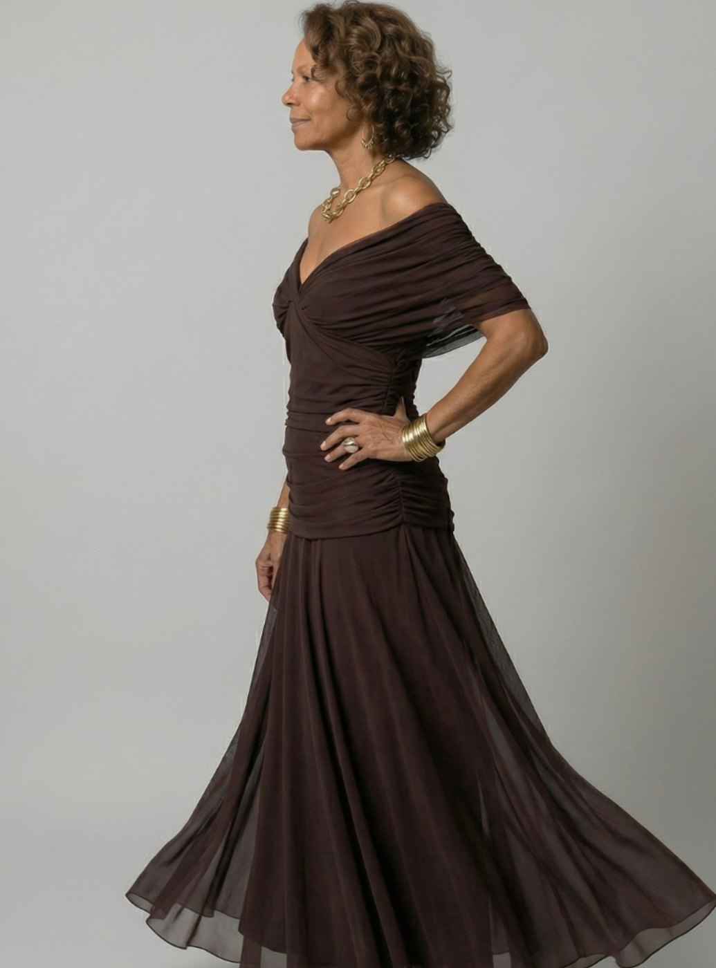 Women's Flowy Midi Dress Off-Shoulder Draped V-Neck Floral Chiffon