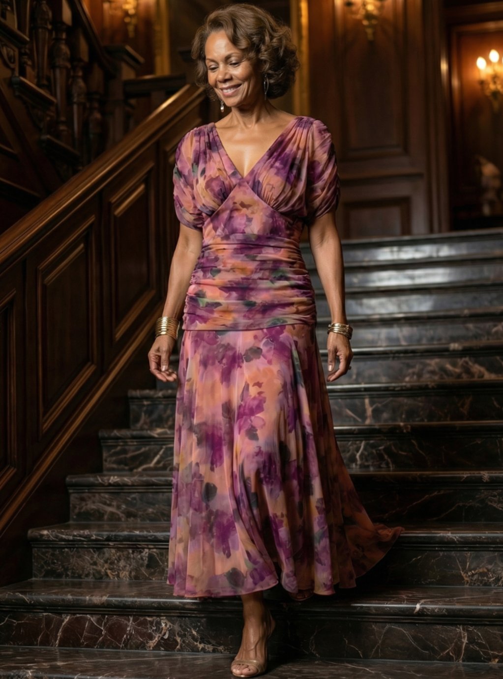 Women's Flowy Midi Dress Off-Shoulder Draped V-Neck Floral Chiffon