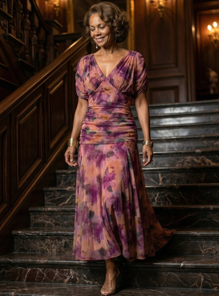 Women's Flowy Midi Dress Off-Shoulder Draped V-Neck Floral Chiffon