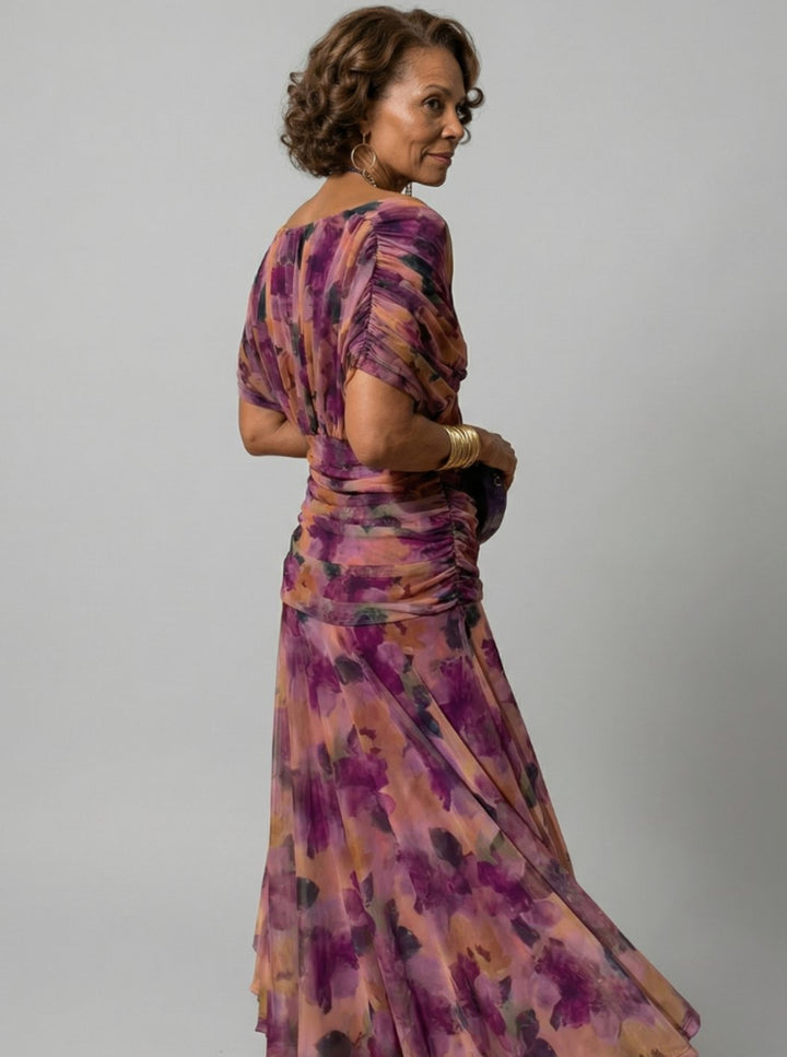 Women's Flowy Midi Dress Off-Shoulder Draped V-Neck Floral Chiffon