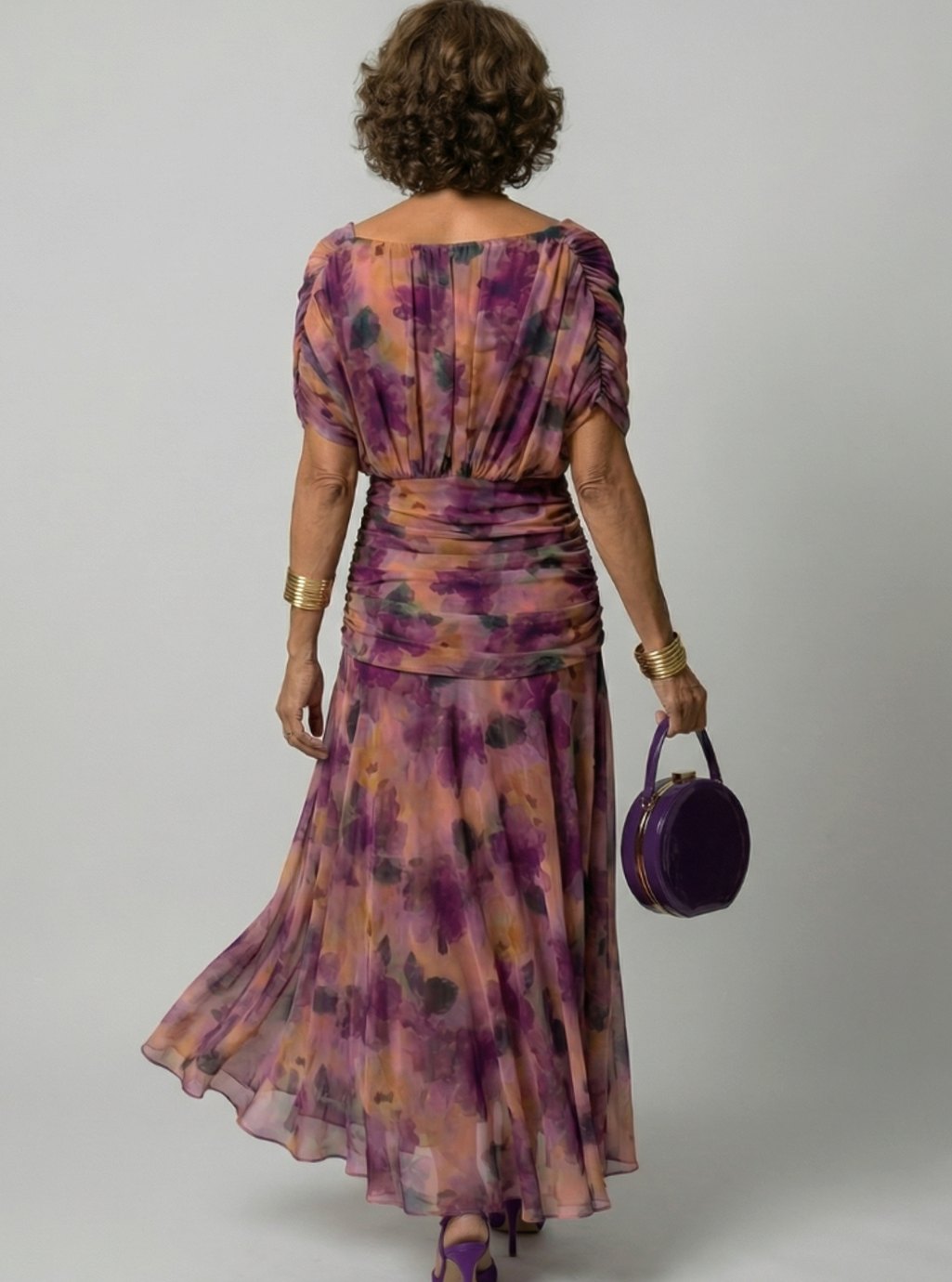 Women's Flowy Midi Dress Off-Shoulder Draped V-Neck Floral Chiffon
