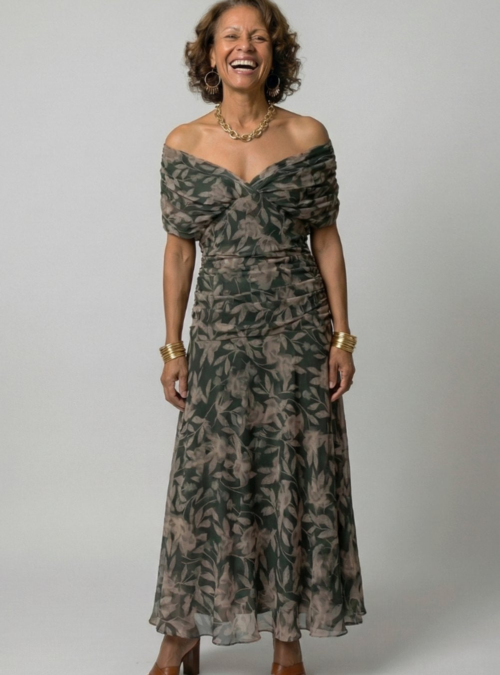 Women's Flowy Midi Dress Off-Shoulder Draped V-Neck Floral Chiffon - Dark Green