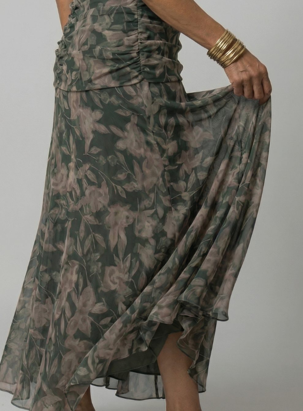 Women's Flowy Midi Dress Off-Shoulder Draped V-Neck Floral Chiffon