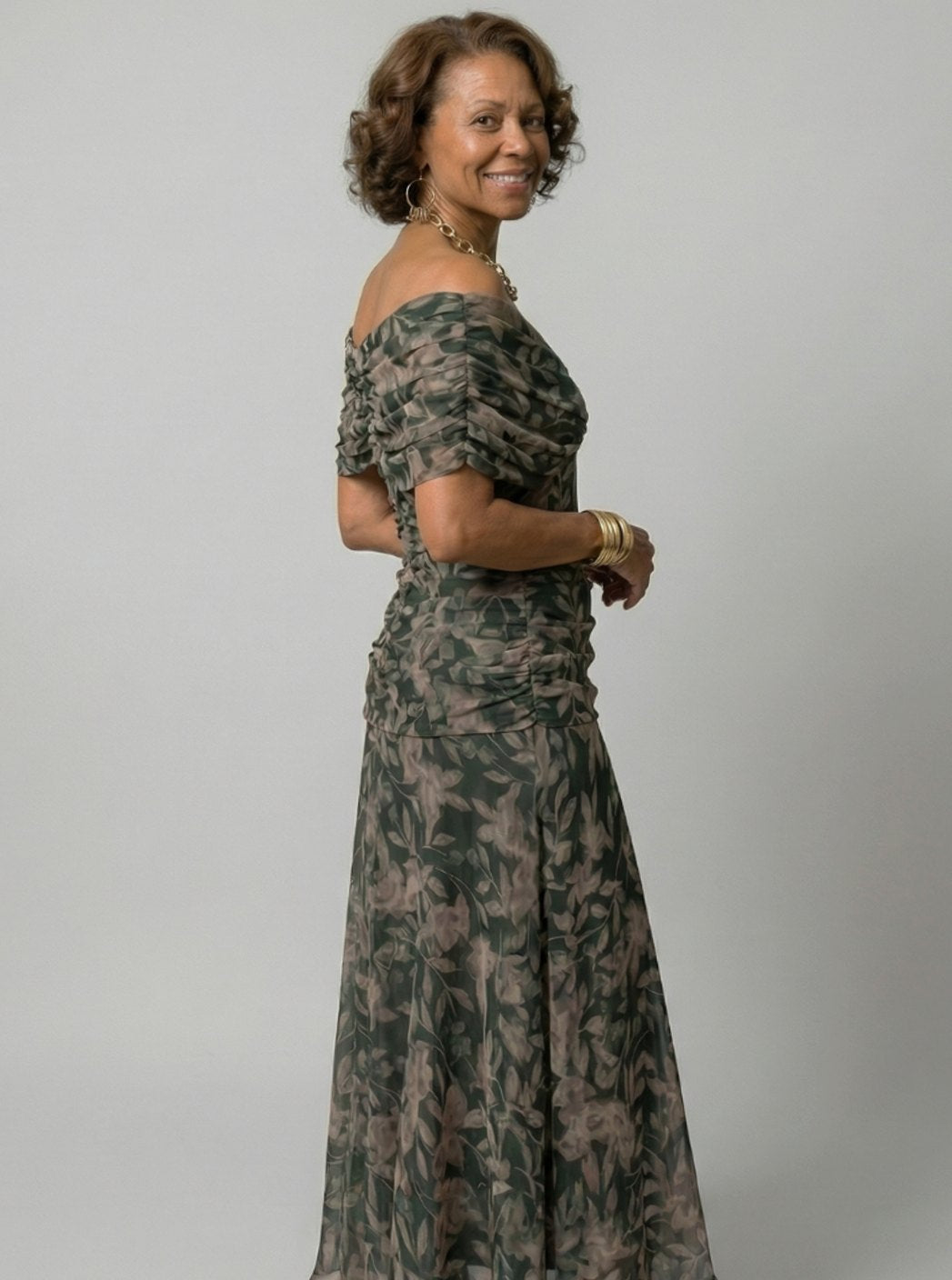 Women's Flowy Midi Dress Off-Shoulder Draped V-Neck Floral Chiffon