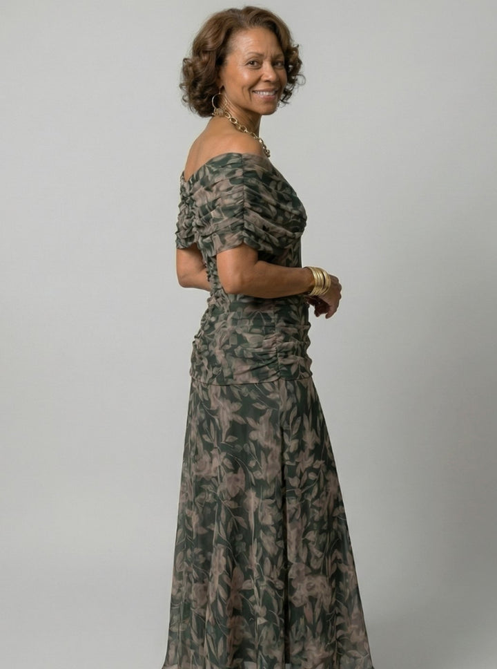 Women's Flowy Midi Dress Off-Shoulder Draped V-Neck Floral Chiffon