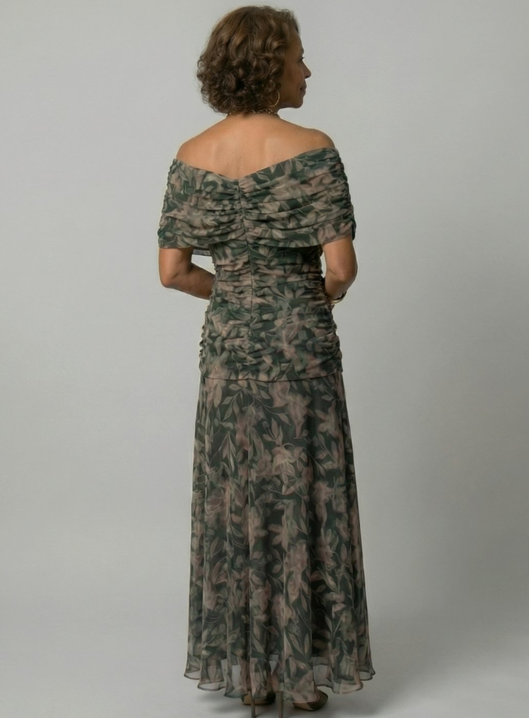 Women's Flowy Midi Dress Off-Shoulder Draped V-Neck Floral Chiffon