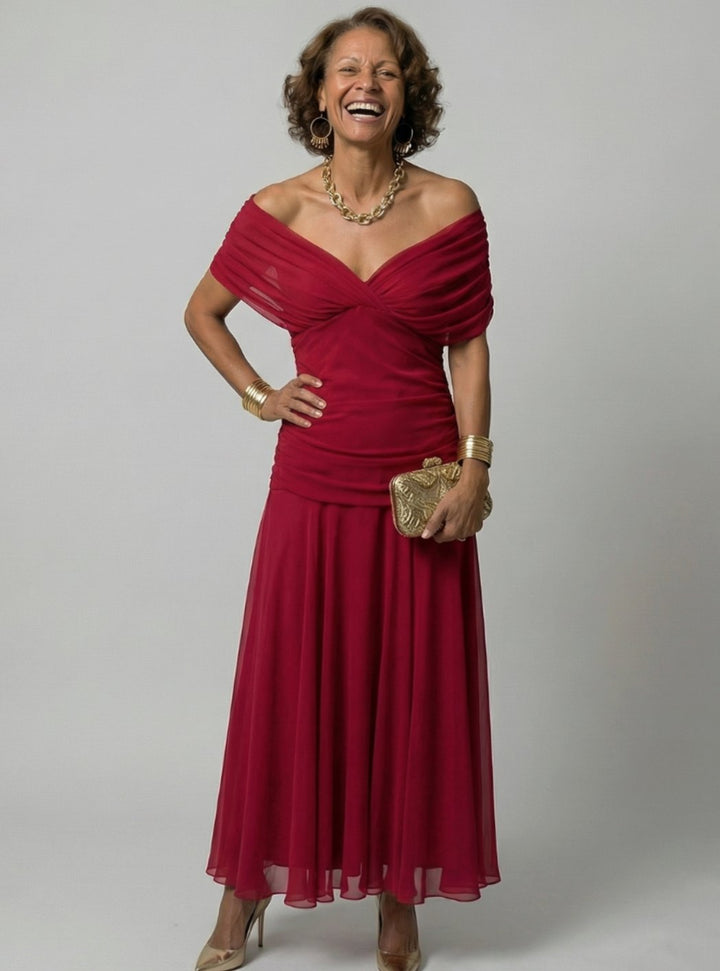 Women's Flowy Midi Dress Off-Shoulder Draped V-Neck Floral Chiffon - Red