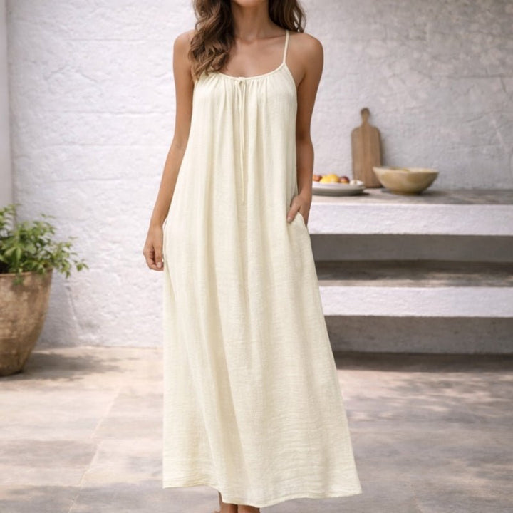 Women's Flowy Spaghetti-Strap Gathered Maxi Dress Pockets