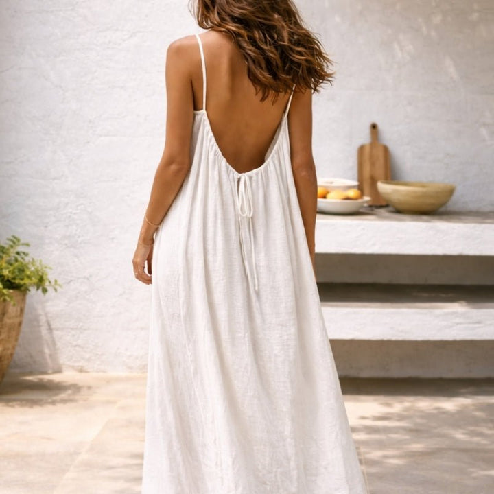 Women's Flowy Spaghetti-Strap Gathered Maxi Dress Pockets - Weiß