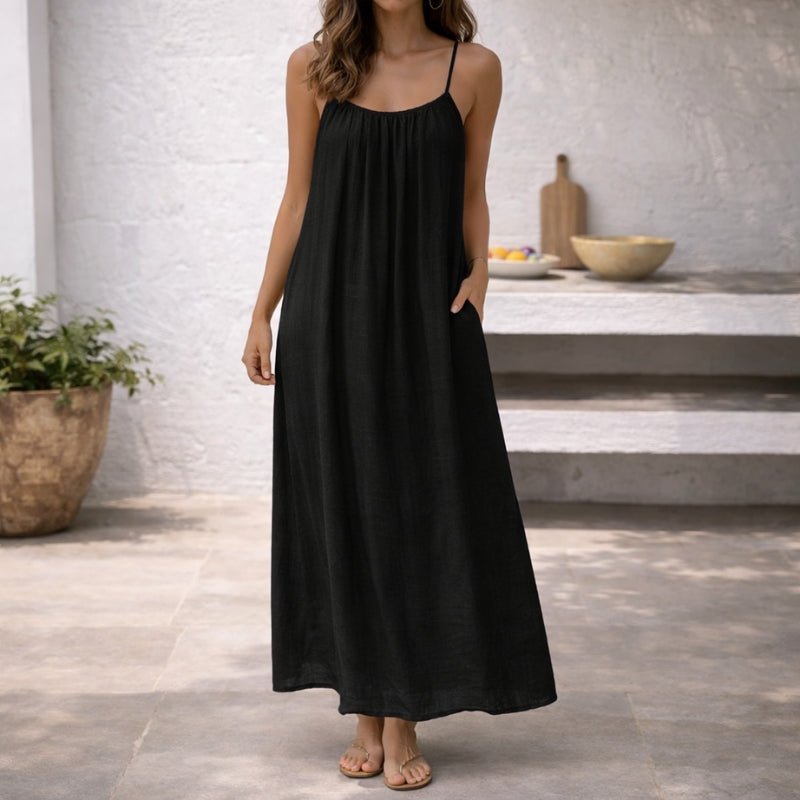 Women's Flowy Spaghetti-Strap Gathered Maxi Dress Pockets