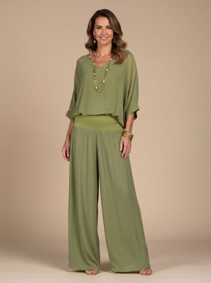 Women's Flowy Wide-Leg Two-Piece Blouson Top Palazzo Set - Green